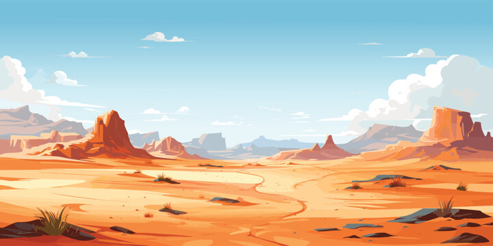 Background of Desert landscape with blue sky, sand, mountain, road, vector illustration