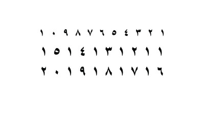 Arabic numbers one to twenty white background and black fonts