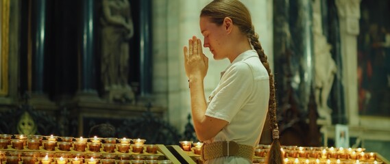 Woman praying in cathedral church. Religious adult girl in long dress with neatly styled hair in a tight braid.
