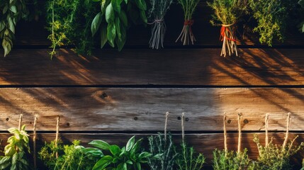  a wooden table topped with lots of different types of plants and plants hanging from the side of a wooden wall.  generative ai
