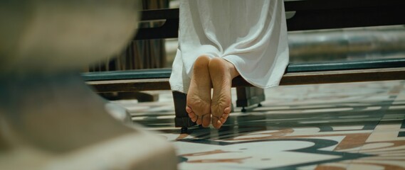 Barefoot pilgrim woman praying in cathedral church. Confession of sins to a priest.