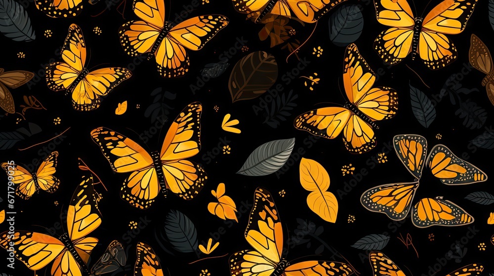 Poster a bunch of butterflies that are on a black background with yellow and black leaves and leaves on the