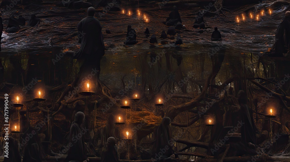 Poster a group of people standing next to each other in a forest with lots of candles in the middle of the 