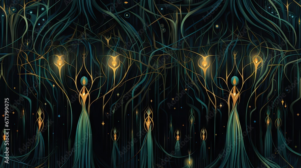 Poster a painting of a forest with a lot of trees and lights in the middle of the trees is blue and yellow.