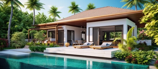 Tropical pool villa exterior design with lush garden - obrazy, fototapety, plakaty