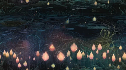 Foto op Canvas  a painting of many lit candles floating in a dark pond with water lilies floating on the surface of the water.  generative ai © Olga