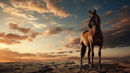  a brown horse standing on top of a sandy beach under a cloudy blue and orange sky with a sunset in the background.  generative ai - obrazy, fototapety, plakaty