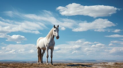 Obraz na płótnie Canvas a white horse standing in the middle of a dry grass field under a blue sky with white clouds and a few scattered . generative ai