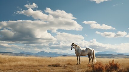  a white horse standing in the middle of a dry grass field under a cloudy blue sky with mountains in the background.  generative ai