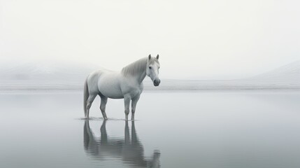 a white horse standing in the middle of a body of water on a foggy day with mountains in the background.  generative ai