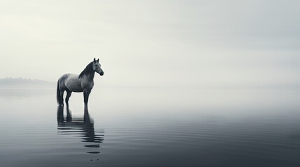 Obraz na płótnie Canvas a horse standing in the middle of a body of water on a foggy day with mountains in the distance. generative ai