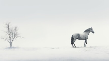 Obraz na płótnie Canvas a white horse standing in the middle of a snow covered field with a bare tree in the foreground and a foggy sky in the background. generative ai