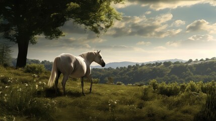 Obraz na płótnie Canvas a white horse standing on top of a lush green field next to a lush green forest filled with lots of trees. generative ai