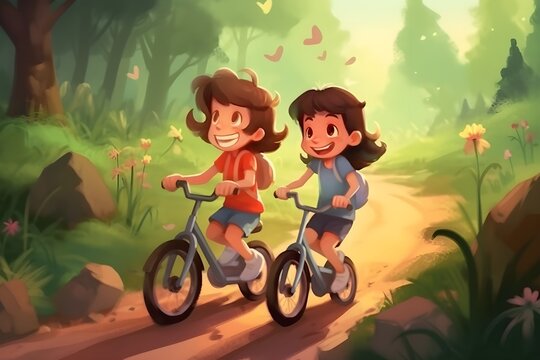 cartoon girls riding bikes on a dirt road