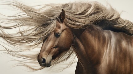  a close up of a horse with its hair blowing in the wind and it's face to the side.  generative ai