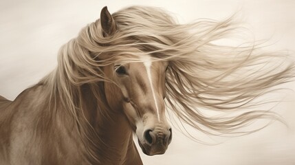  a brown horse with long hair blowing in the wind in front of a white background with a blurry image of the horse's head.  generative ai