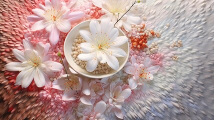  a white bowl filled with white flowers on top of a pink and white table cloth on top of a table.  generative ai