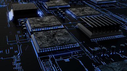 3D rendering of glowing blue chips connected to a board symbolizing technology, communication and energy 