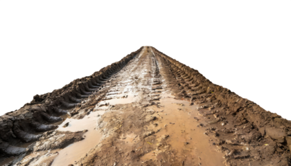 Muddy road with water passing through a village, a rural path, not concreted, isolated on a transparent background. PNG format with cutout or clipping path