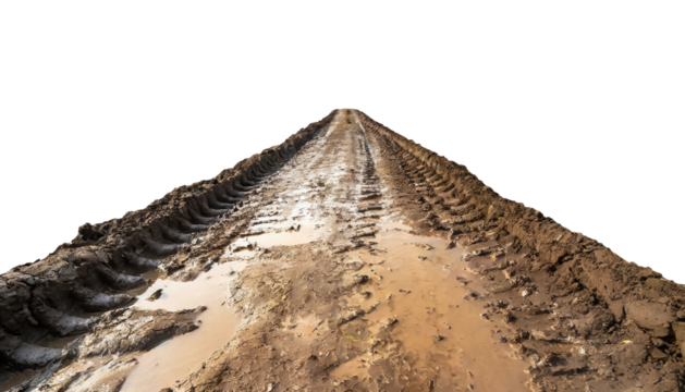 Muddy road with water passing through a village, a rural path, not concreted, isolated on a transparent background. PNG format with cutout or clipping path