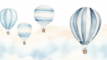 Obraz premium three blue and white hot air balloons flying in the sky on a cloudy day with blue and white clouds in the background. generative ai