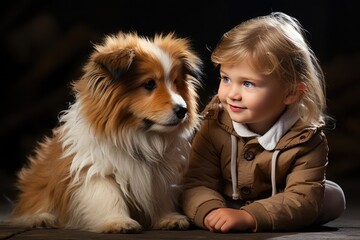 little girl looking at her dog puppy