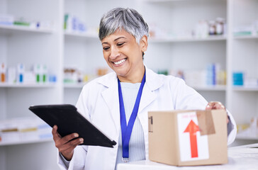 Happy woman, pharmacist and tablet in logistics with box for online order, delivery or shipping at...