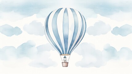 Obraz premium a blue and white striped hot air balloon flying in the sky with clouds in the background and a person inside the balloon. generative ai