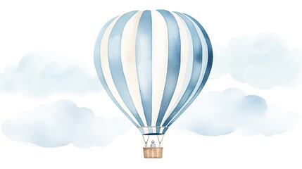  a blue and white striped hot air balloon flying in the sky with a wicker basket on it's side.  generative ai