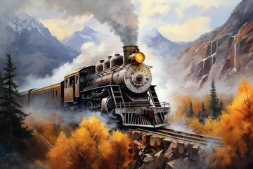 Painting of an old locomotive train on a train tracks railway with smoke billowing from the engine - obrazy, fototapety, plakaty
