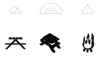Simple camping logos. Tents, picnic bench and fire