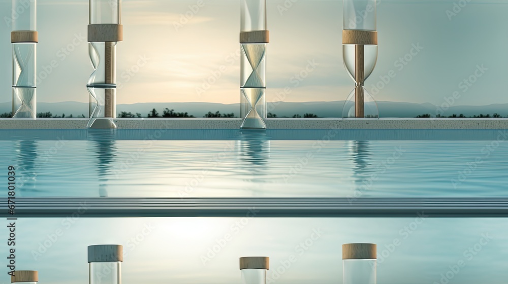 Poster a swimming pool with a row of candles in the middle of it and a view of mountains in the distance. g