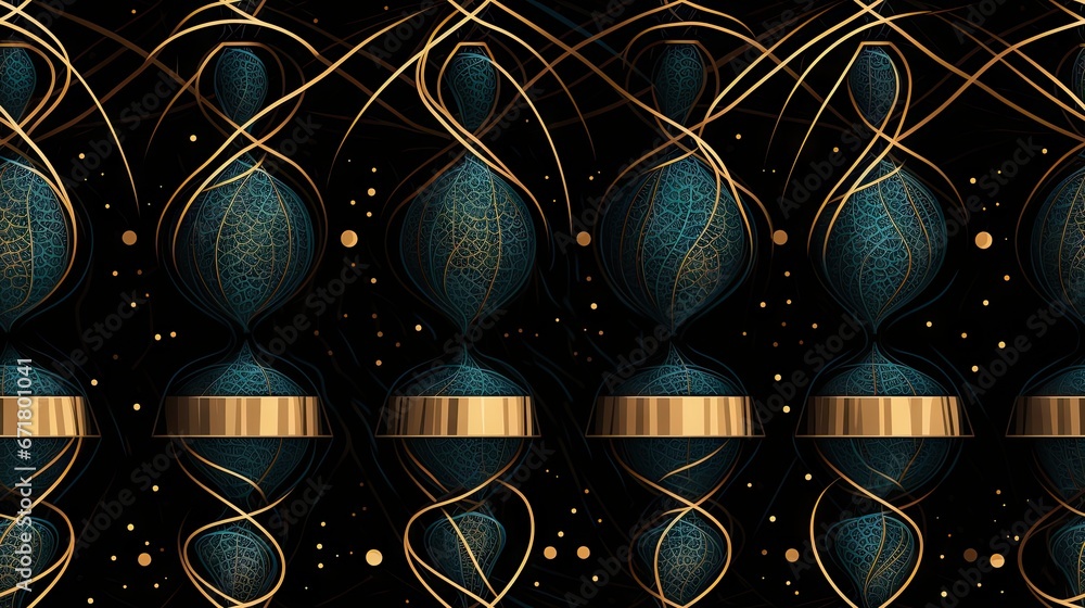 Poster a black background with gold lines and a blue vase with a gold stripe on the bottom of the image and