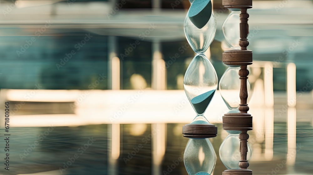 Poster a close up of an hourglass on a table with a reflection of a building in the water and a building in