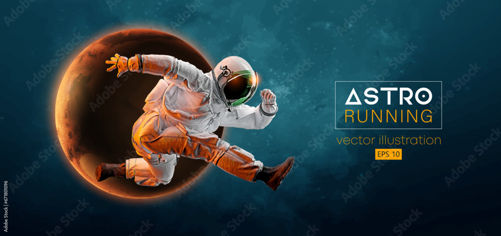 Wall mural abstract silhouette of a running athlete astronaut in space action and earth, mars, planets on the b