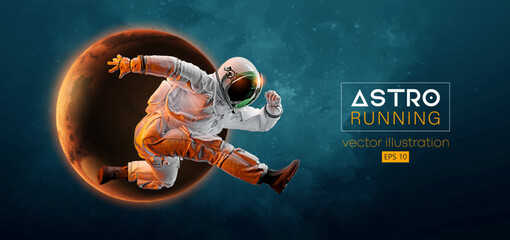 Abstract silhouette of a running athlete astronaut in space action and Earth, Mars, planets on the background of the space. Runner man are running sprint or marathon. Vector illustration