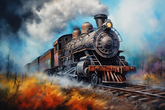 Painting of an old locomotive train on a train tracks railway with smoke billowing from the engine