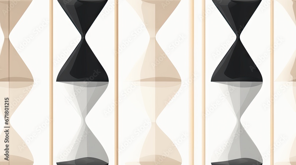 Poster a set of three black and white vases sitting on top of a wooden table next to a wall with a pattern 