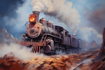 Naklejka premium Painting of an old locomotive train on a train tracks railway with smoke billowing from the engine