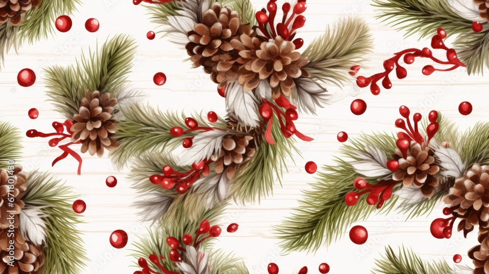 Poster a pattern of pine cones and red berries on a white background with pine cones and red berries on a w