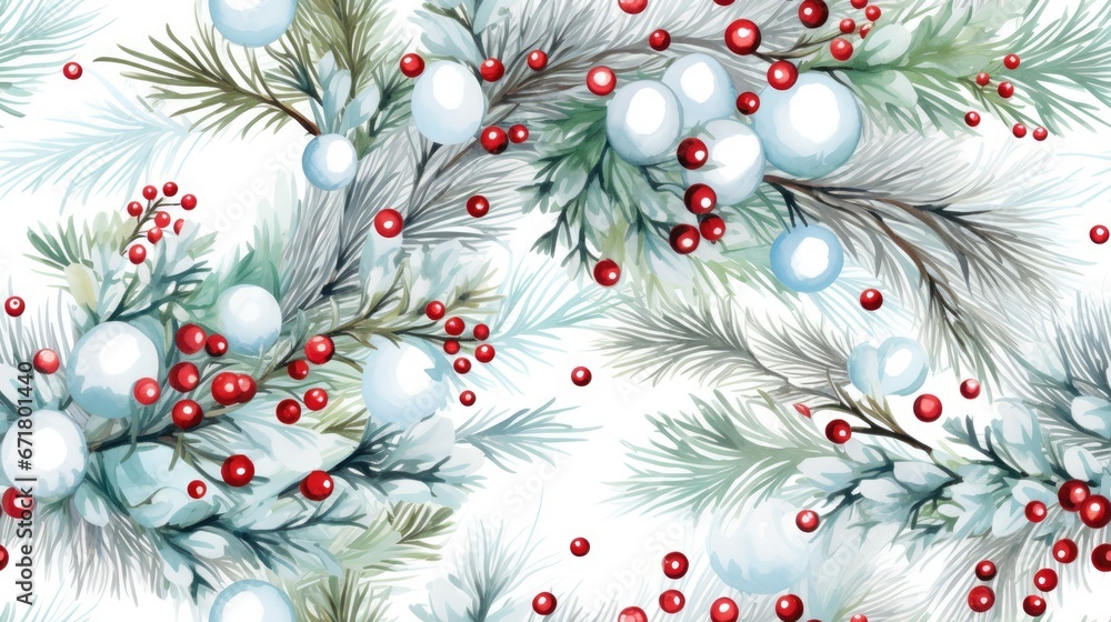 Poster a watercolor painting of a pine tree branch with berries and pine cones on a white background with r