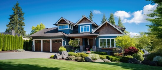 Craftsman house with spacious garage vibrant lawn and clear sky - obrazy, fototapety, plakaty