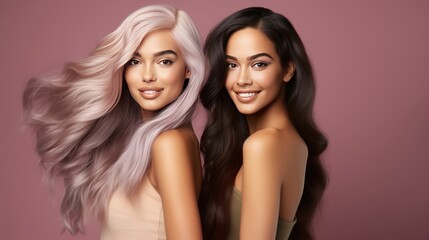 Obraz premium Beautiful confident and smiling women with different ethnicities and stylish hairs and minimal background