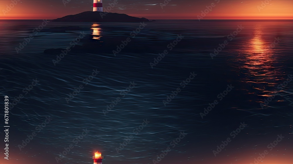 Poster a lighthouse on a small island in the middle of a body of water with a red light at the end of it. g
