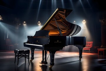 A grand piano bathed in soft stage lighting.
 - obrazy, fototapety, plakaty