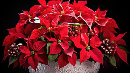 Poinsettia flowers Christmas background. Floral winter season decoration banner. Beautiful Xmas wallpaper. Merry Christmas and Happy New Year 2024 concept..