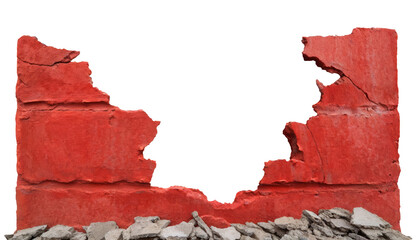 cracked red concrete brick cement wall, isolated on a transparent background. PNG, cutout, or clipping path.	
