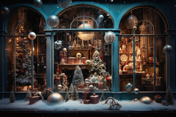 A festive holiday window display with animated characters, enchanting lights, and a whimsical scene, inviting wonder and awe from passersby. Generative Ai.