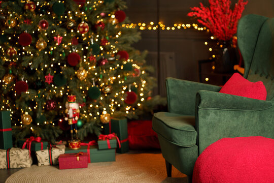 new year cozy home interior with Christmas tree and garlands 