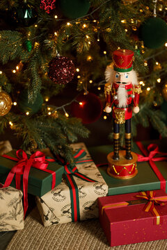 new year cozy home interior with Christmas tree and garlands 